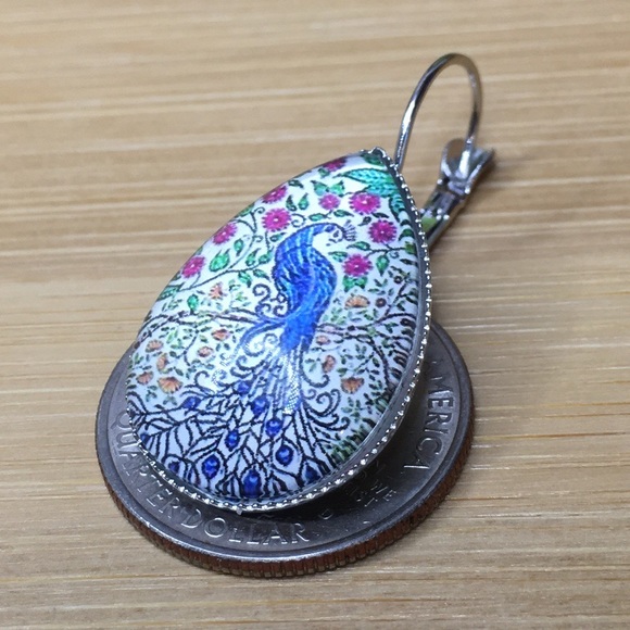 Peacock Cabochon Earrings Latch Back - Picture 7 of 8